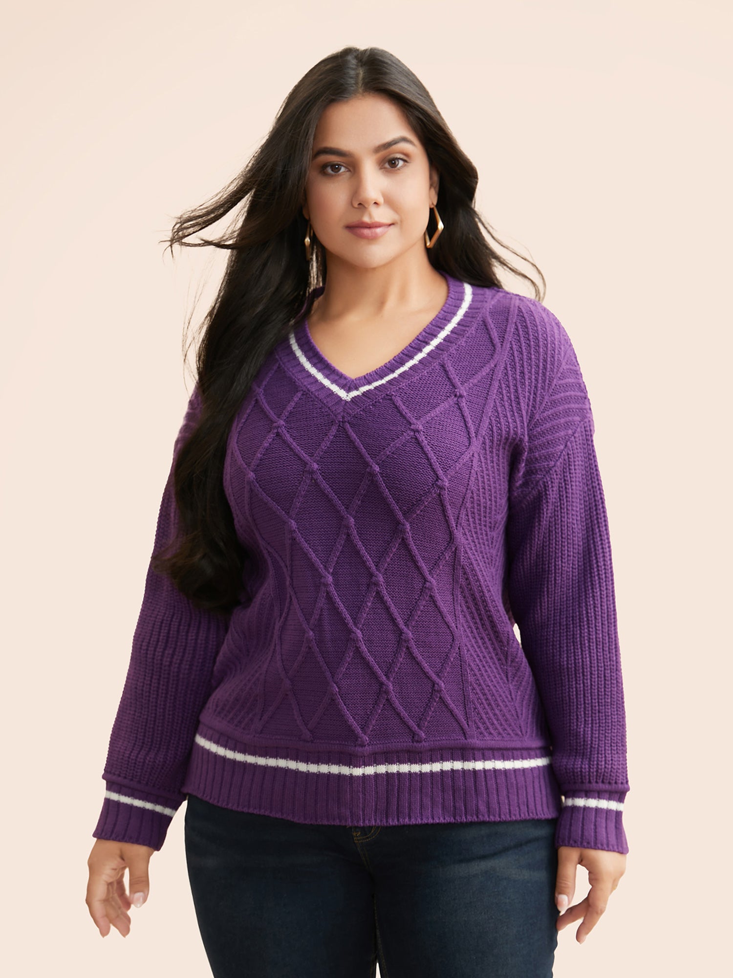 Contrast Trim V Neck Texture Pullover