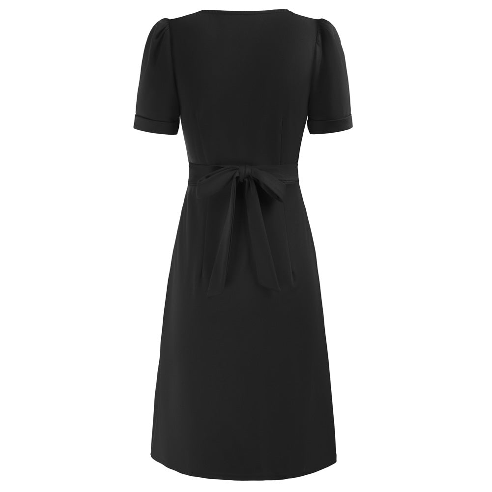 Vintage Square Neck Dress Short Sleeve Defined Waist A-Line Dress