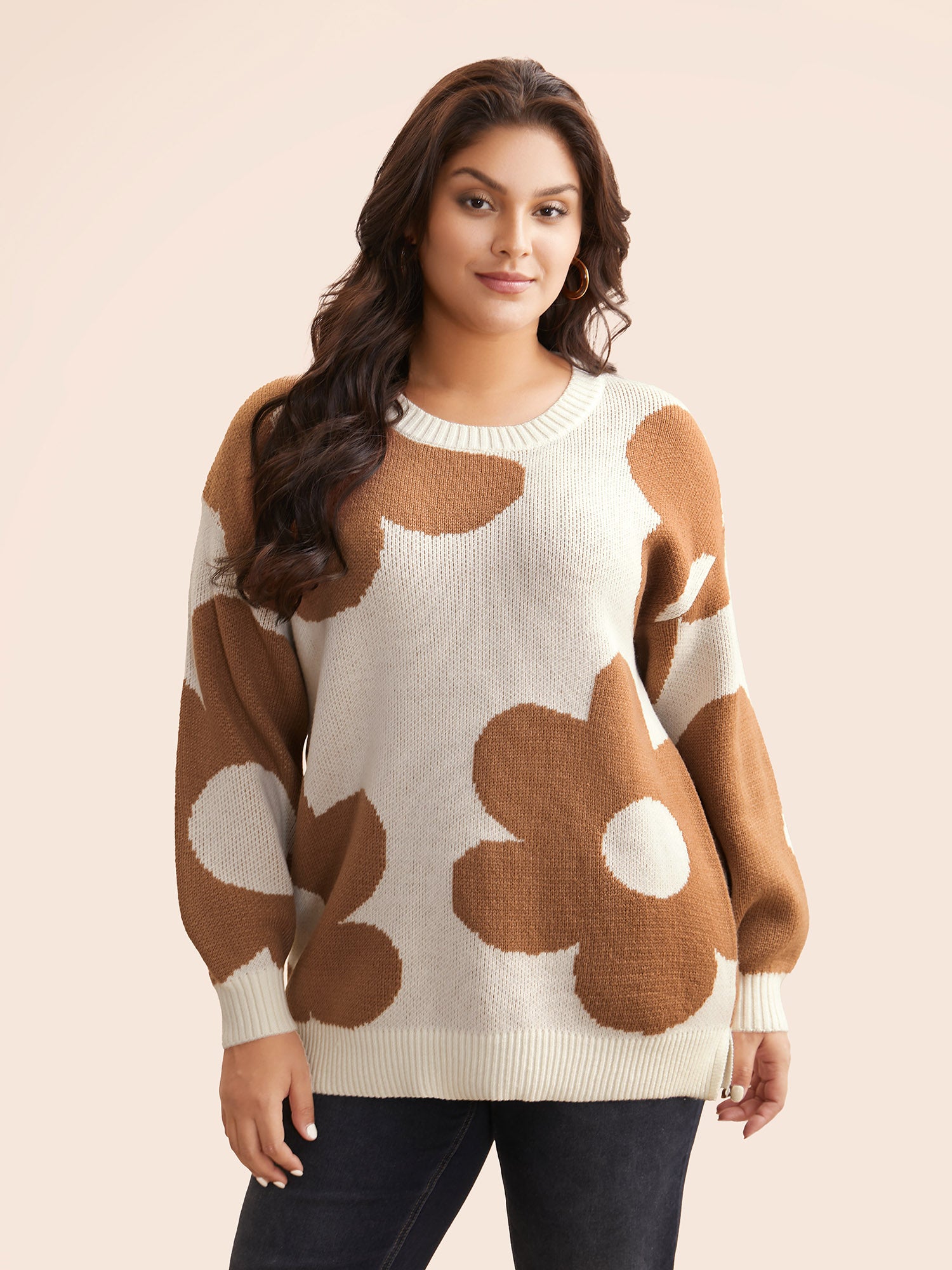 Floral Jacquard Drop Shoulder Sleeve Pullover