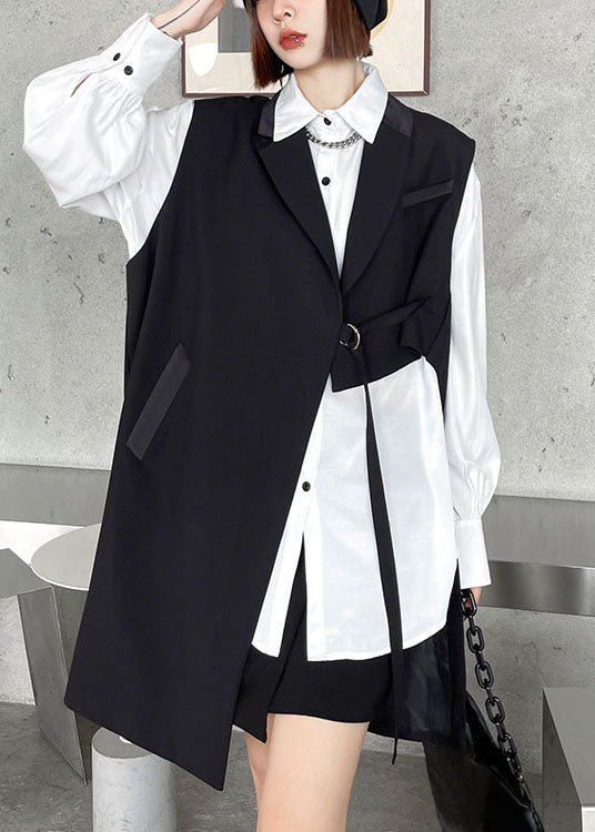 DIY Black PeterPan Collar Pockets asymmetrical design Fall Sleeveless Waistcoat