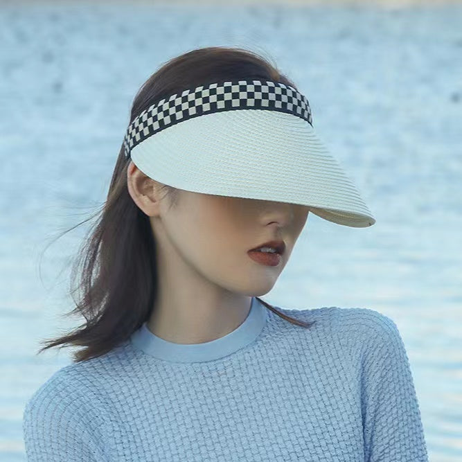 Checkered Band Straw Visor Hats