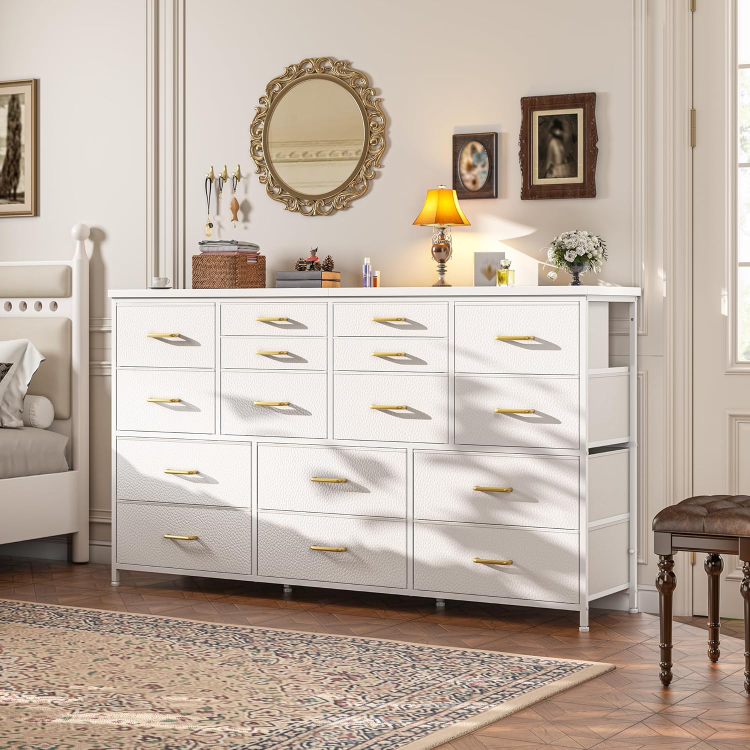 Dresser for Bedroom with 16 Fabric Drawers Long Dresser with Charging Station TV Stand for 60