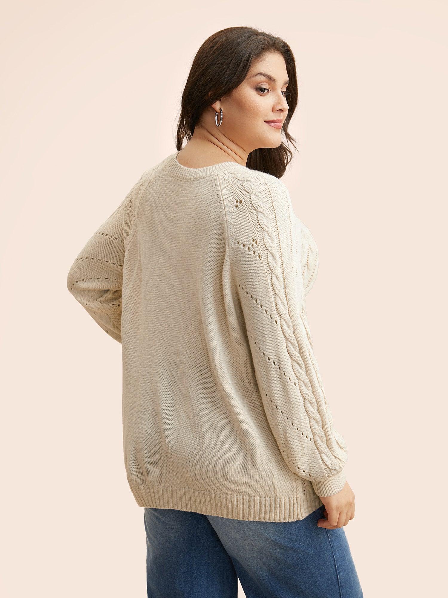 Cable Knit Raglan Sleeve Cut Out Pullover