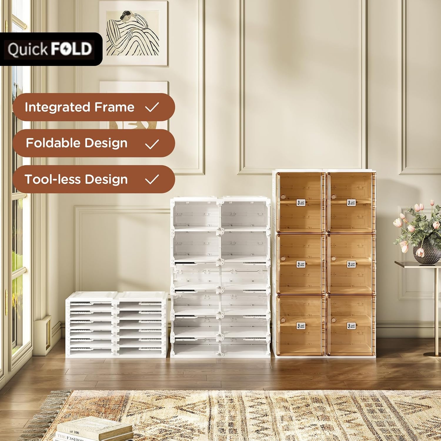 ANTBOX Shoe Organizer Storage Box, Portable Folding Shoe Rack For Closet With Magnetic Clear Door