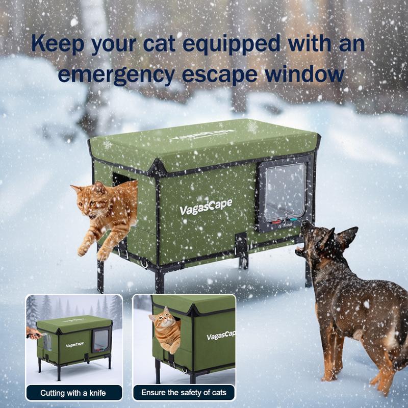 Heated Outdoor Cat House, Thermostat & Overheat Protection with Auto Shutoff, Warms in ~3s & Energy-Saving – Waterproof, Insulated & Elevated, 12mm Fiberglass Frame, Escape Door & Window, UL-Tested Heating Core