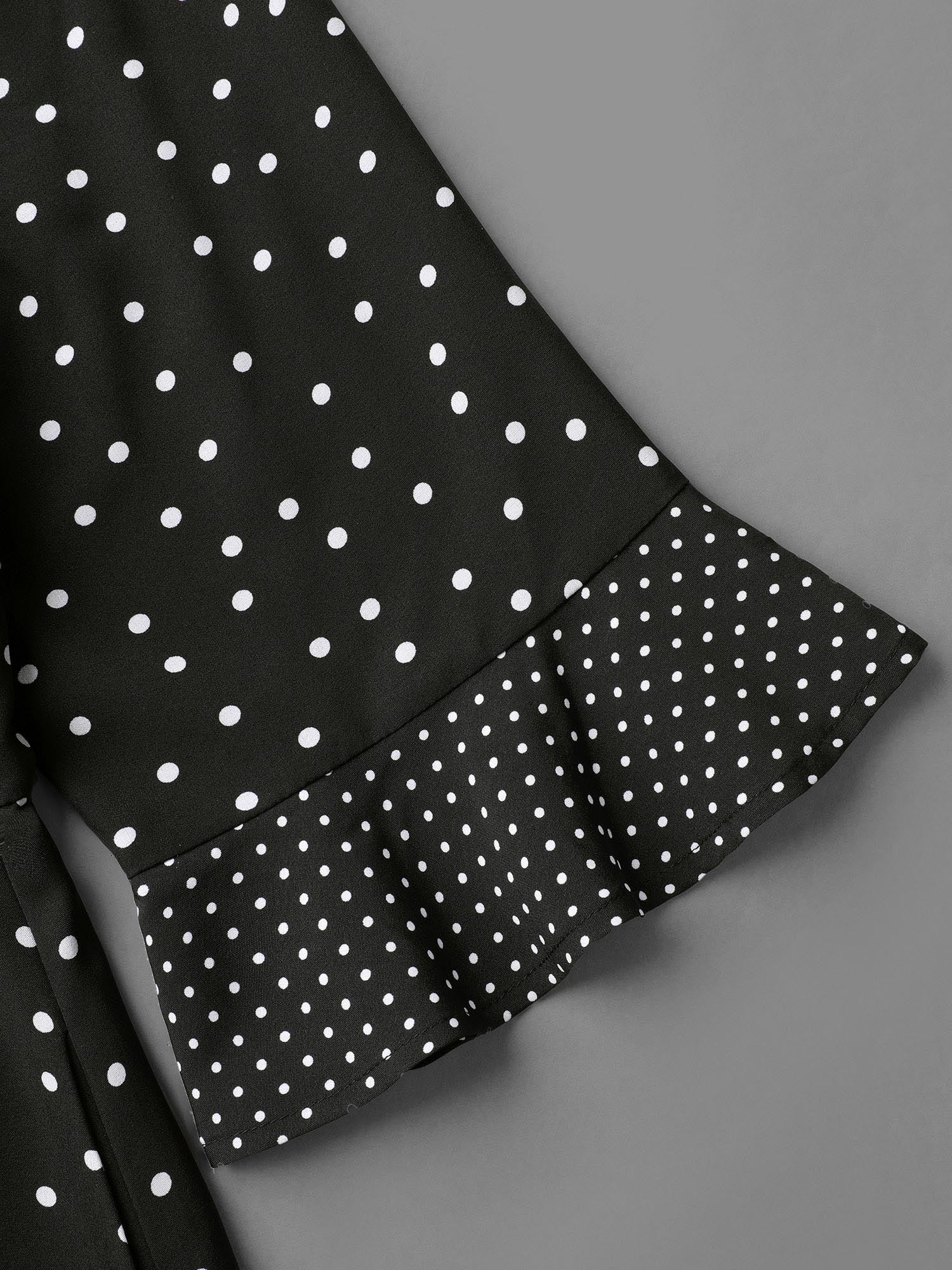 Crew Neck Polka Dot Waist Cinched Dress