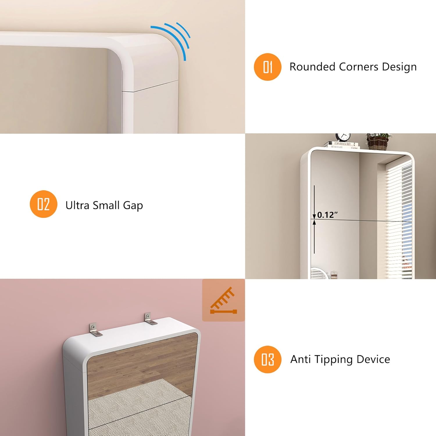 Entrance Shoe Locker, 5 Tier Full Length Mirror Shoe Organizer Wooden Narrow Shoe Cabinet, White Shoe Rack for Front Door Entrance Outdoor