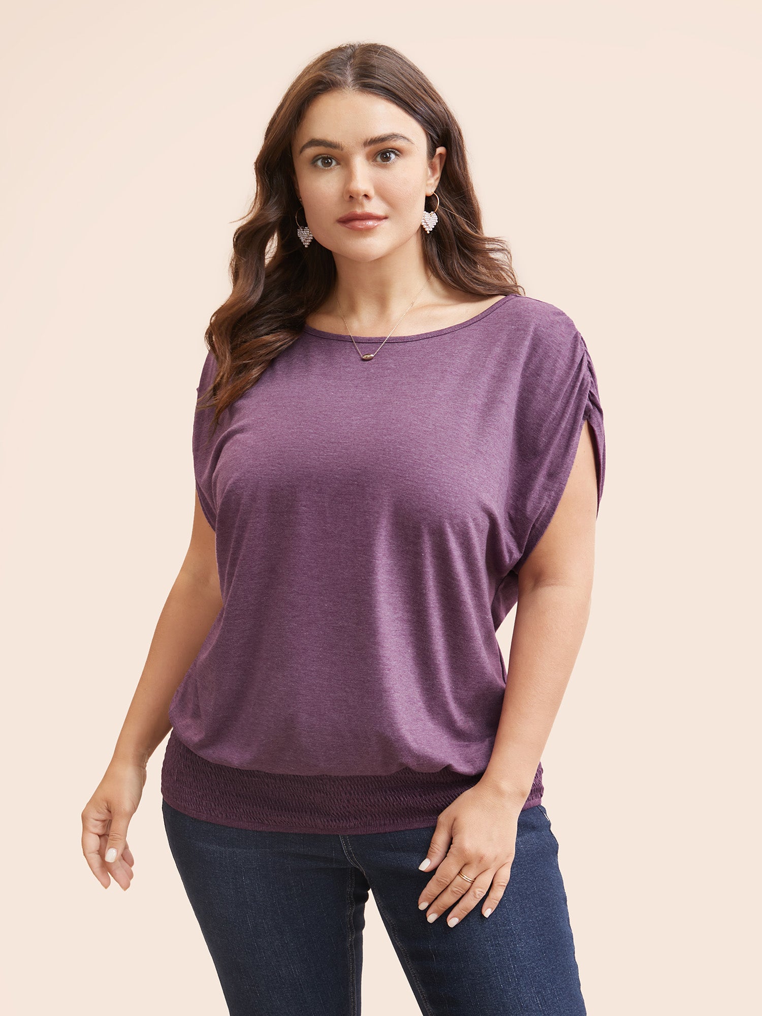 Solid Ruched Batwing Sleeve Shirred Hem T-shirt