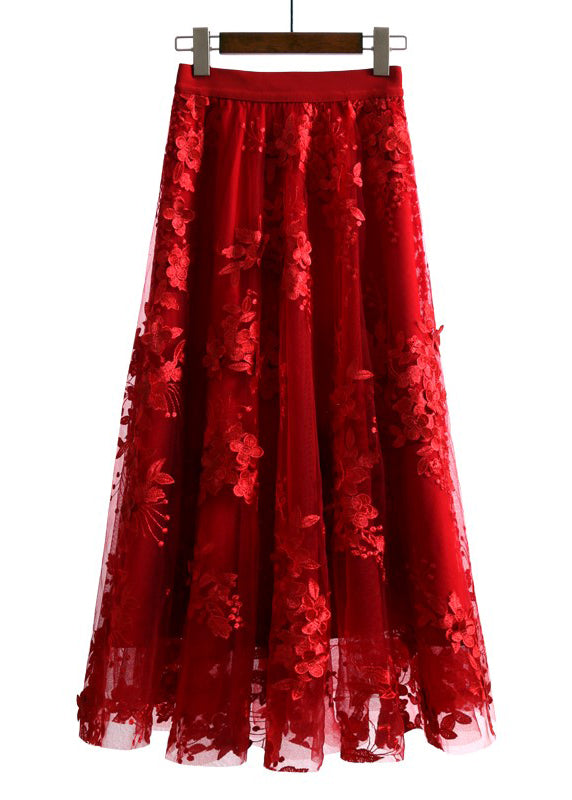 Unique Chocolate Embroidered Floral High Waist Tulle Skirt Summer