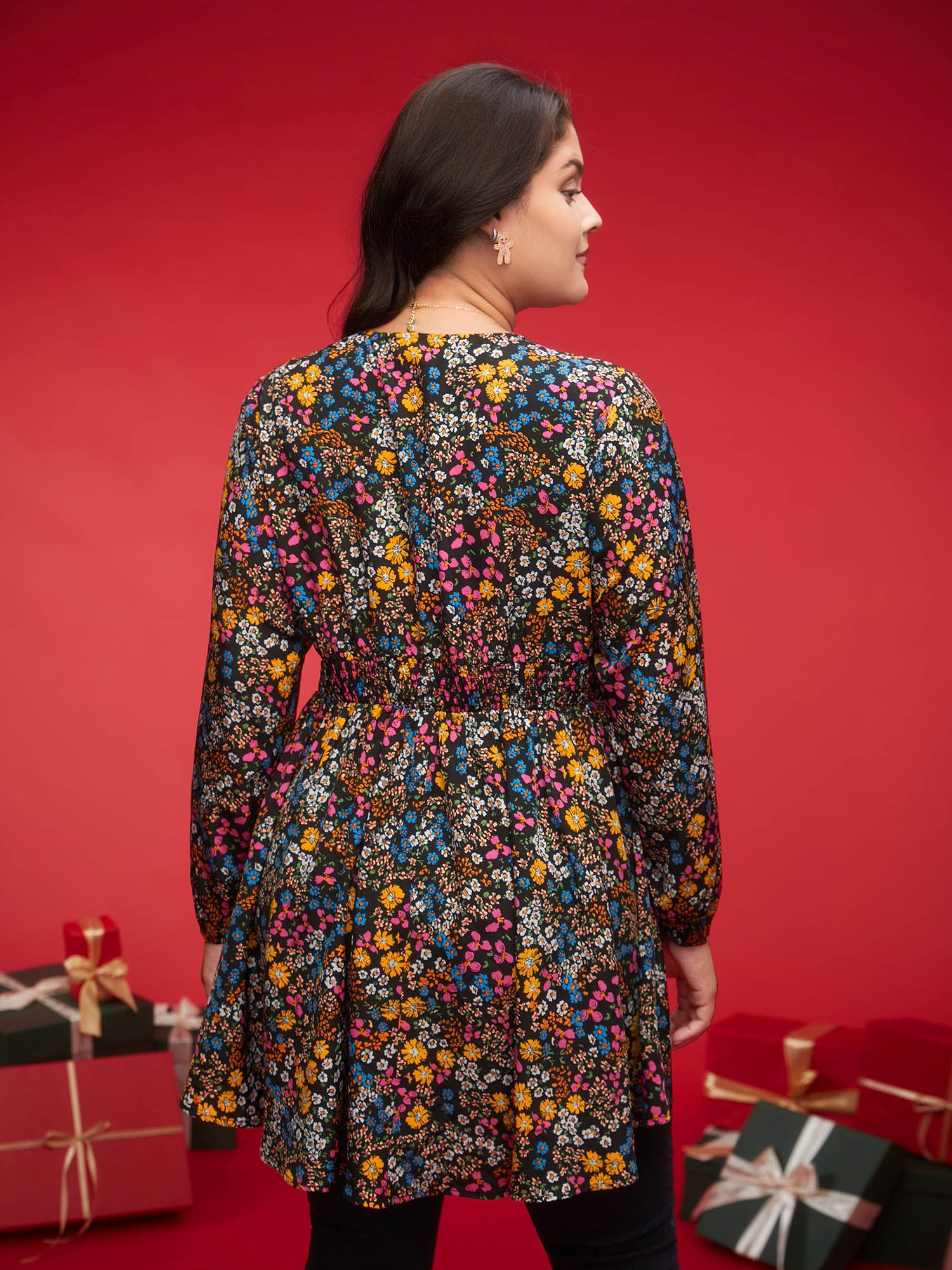 Floral Smocked Waistline Surplice Neck Blouse