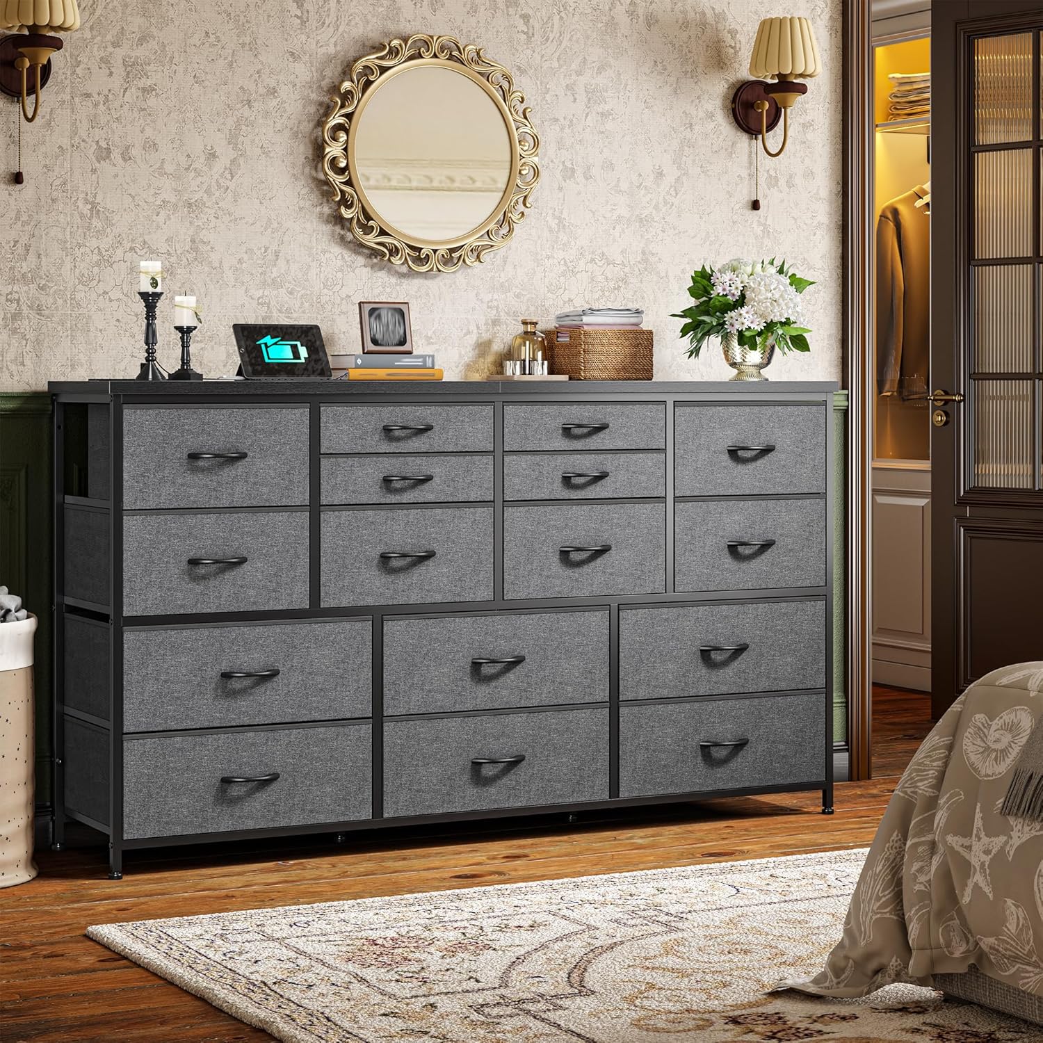Dresser for Bedroom with 16 Fabric Drawers Long Dresser with Charging Station TV Stand for 60