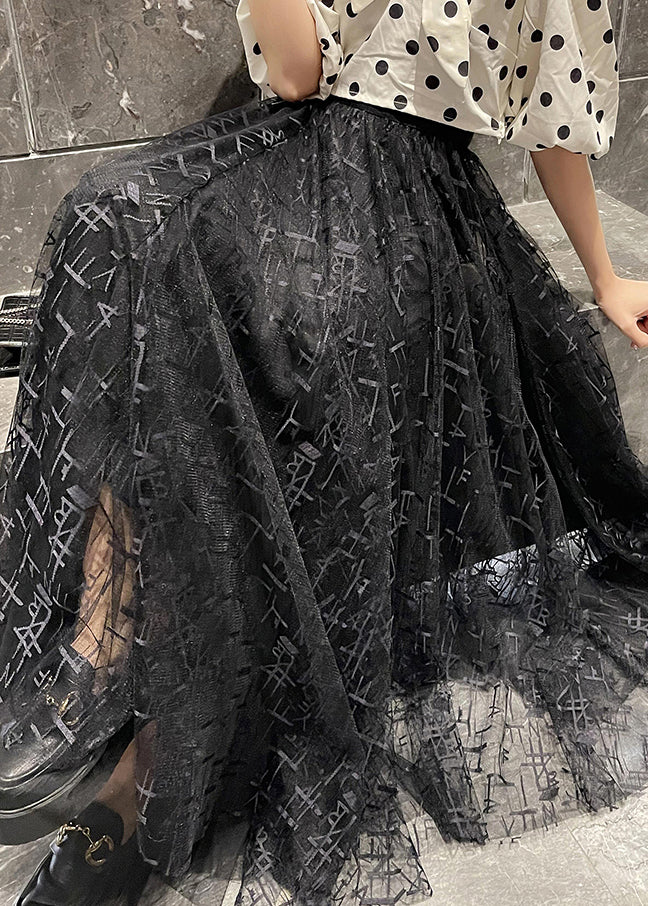 Black Graphic Elastic Waist Tulle Skirts Summer