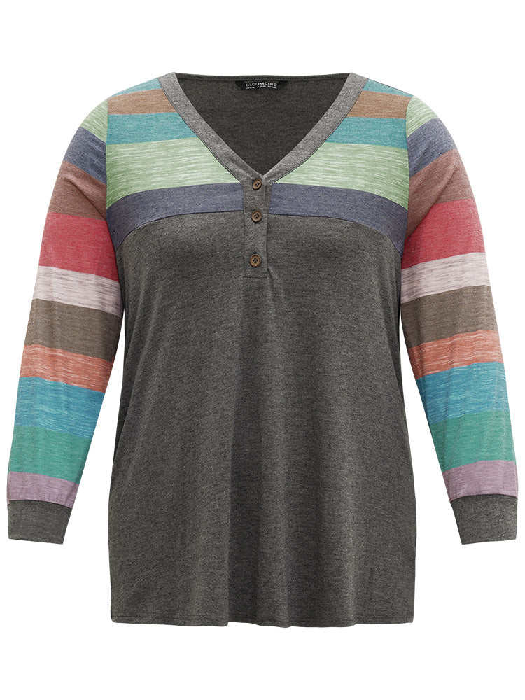 Colorblock Contrast V Neck Button Up T-shirt