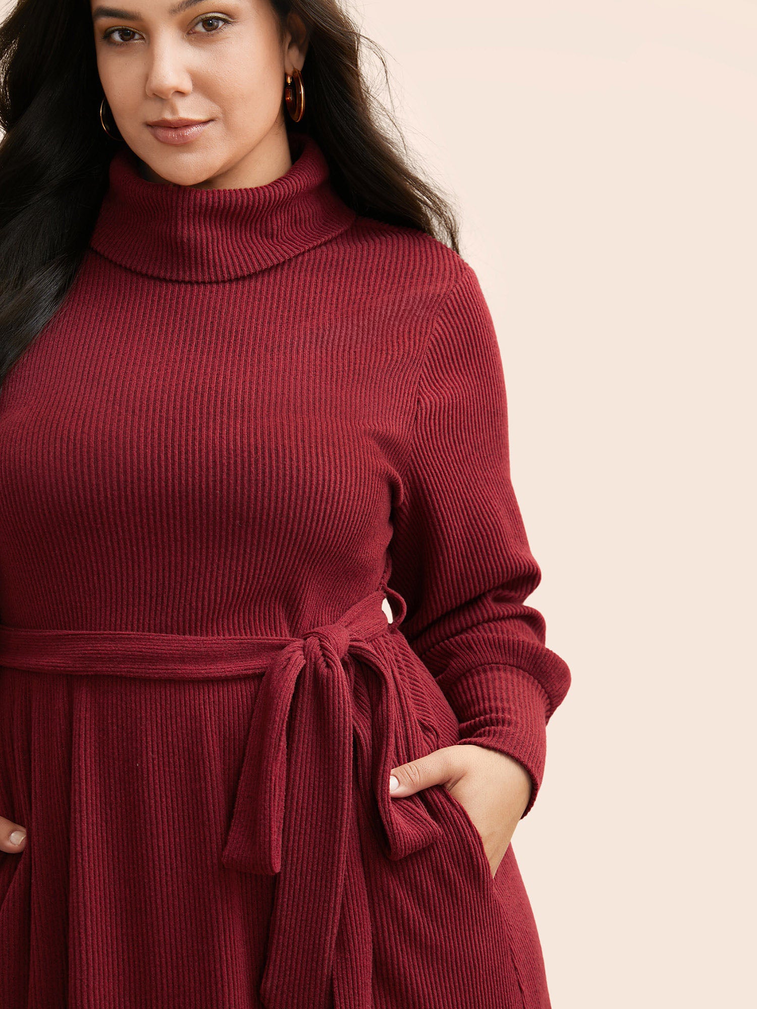 Turtleneck Belted High Stretch Knit Dress