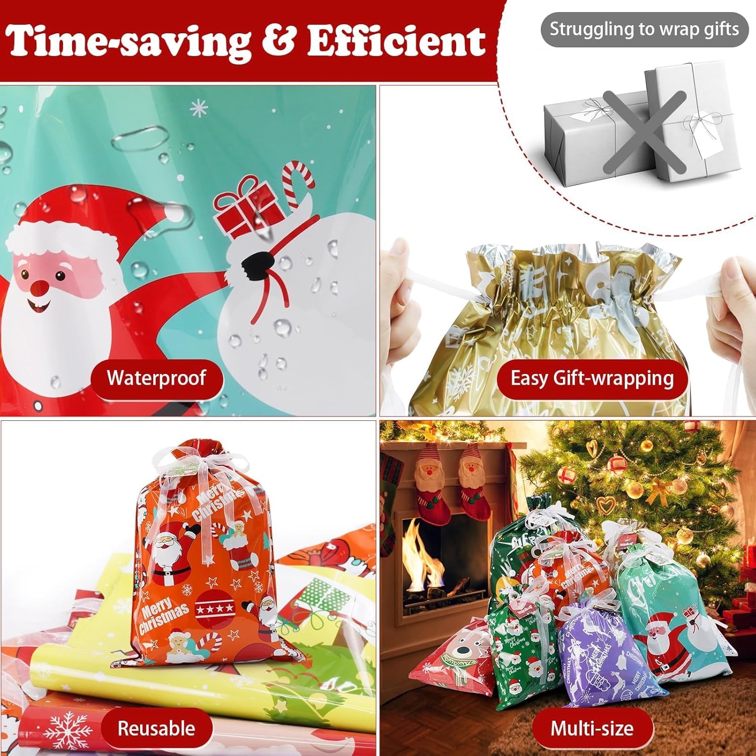 32pcs Gift Christmas Bags, 5 Assorted Sizes Holiday Xmas Gift Bags with Tags, Christmas Drawstring Bags for Gifts Wrapping Party Presents Decorations - Large Medium Small