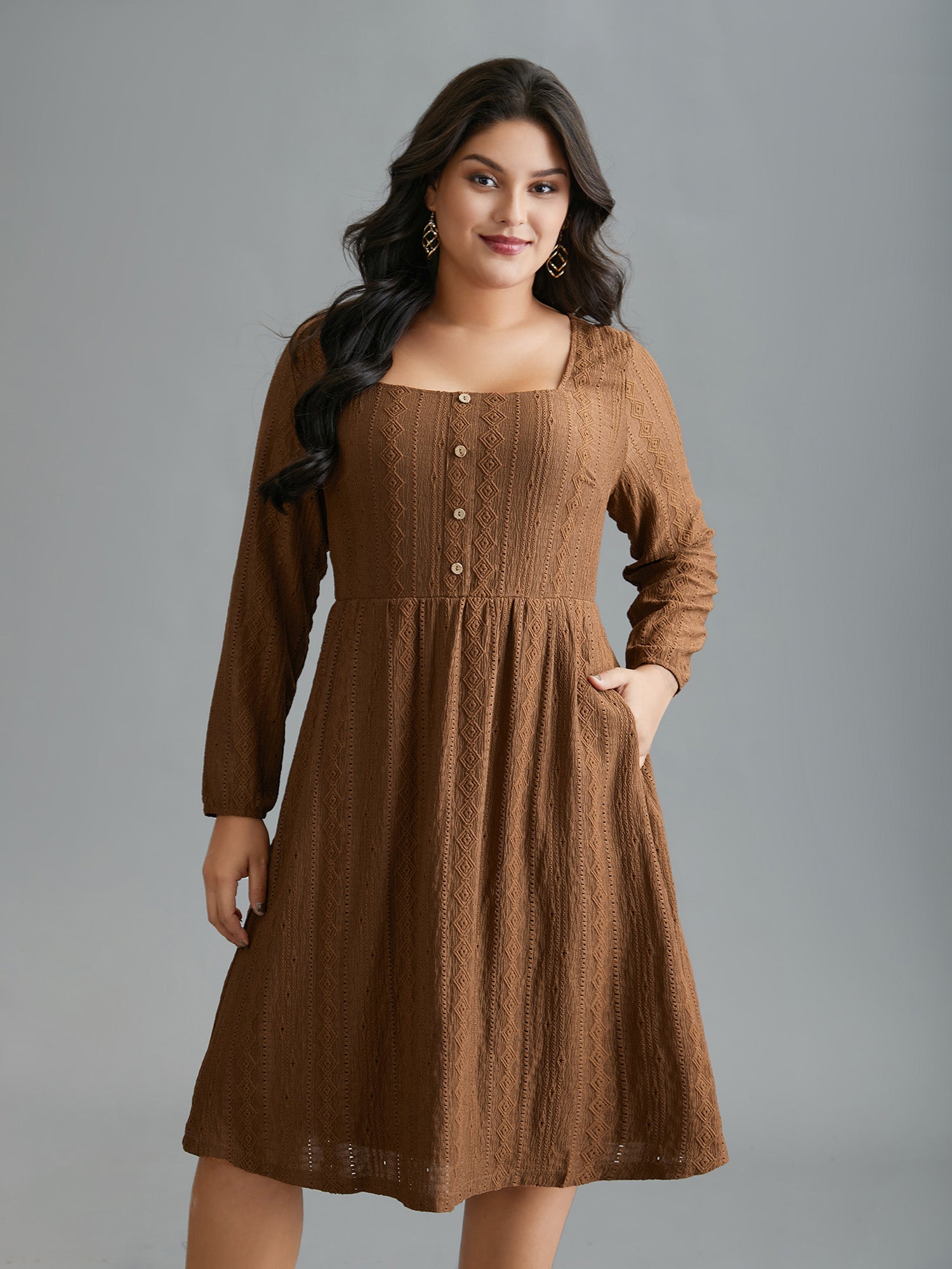 Textured Button Detail Square Neck Knit Dress