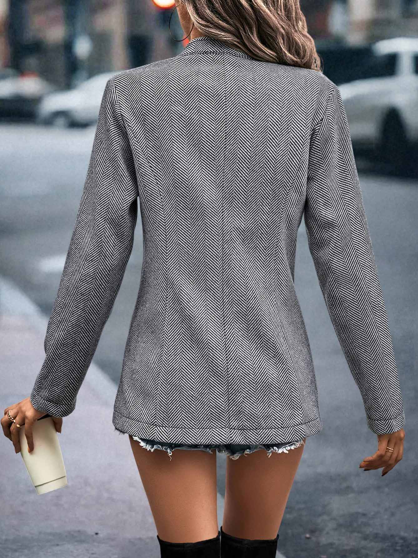 Elegant Solid Patchwork Mandarin Collar Outerwear