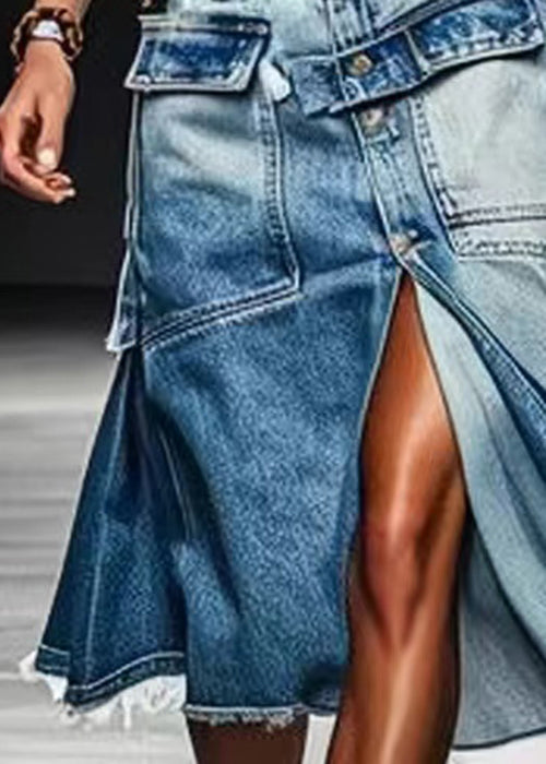 Blue Button Pockets Front Open  Skirt Summer