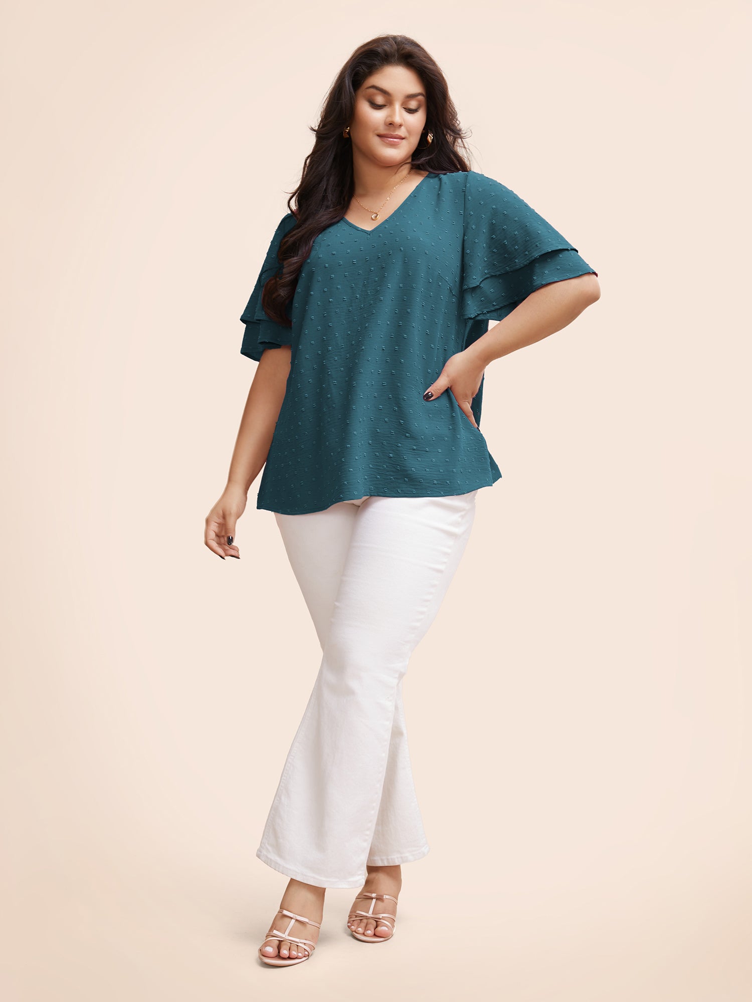 Plain Ruffle Tiered Sleeve V Neck Polka Dot Blouse