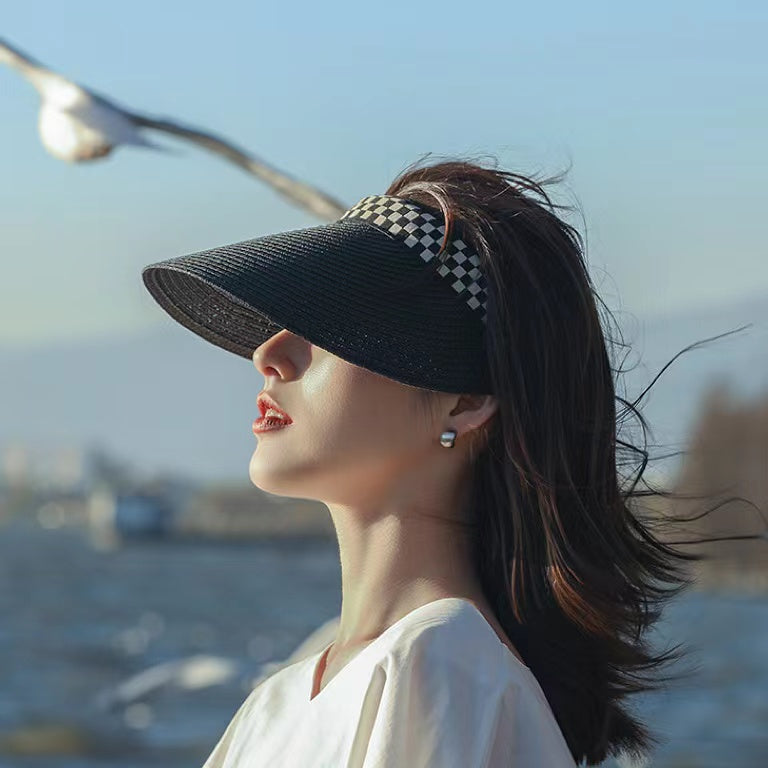 Checkered Band Straw Visor Hats