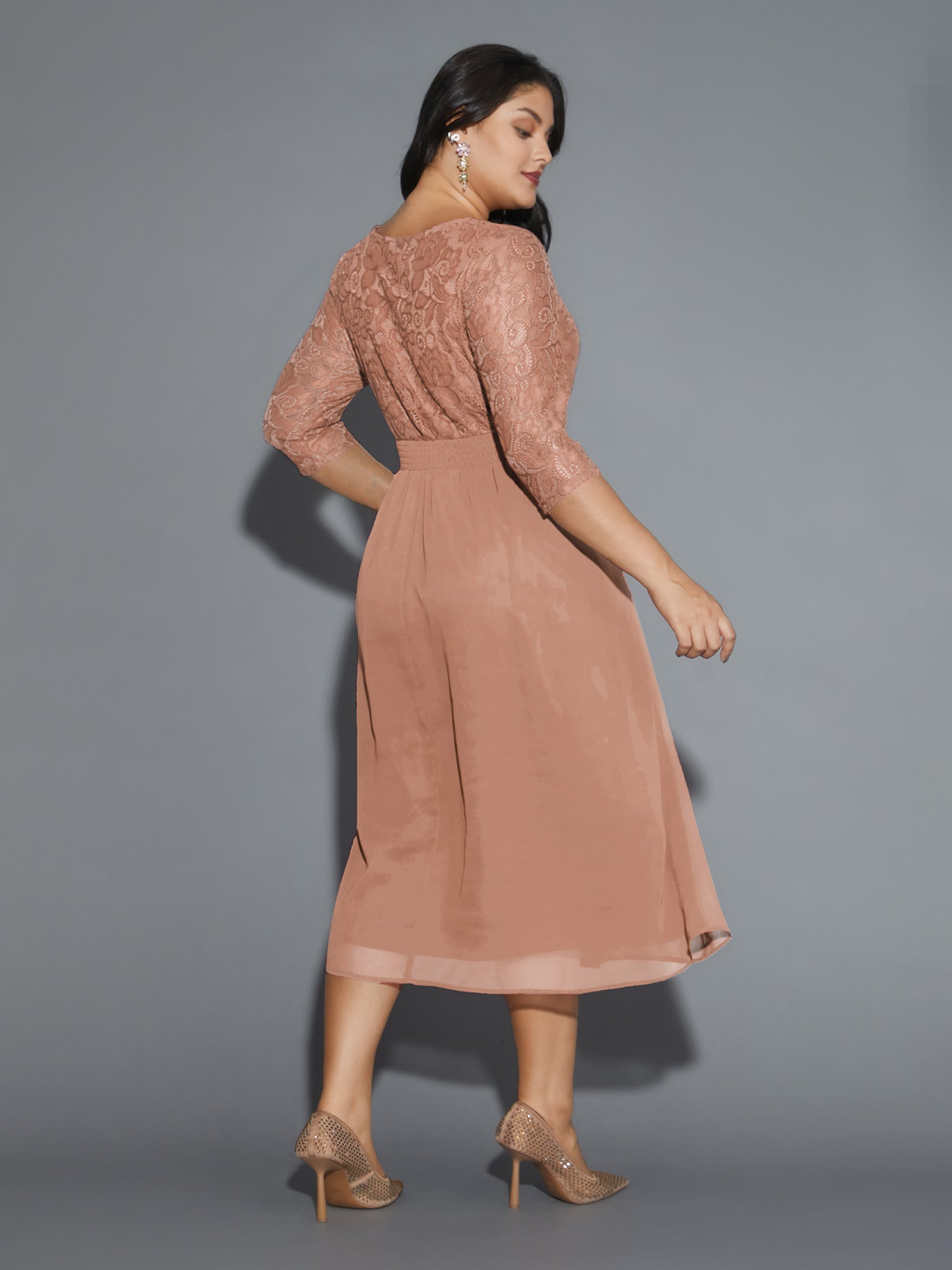 Lace Patchwork Shirred Midi Pocket Dress