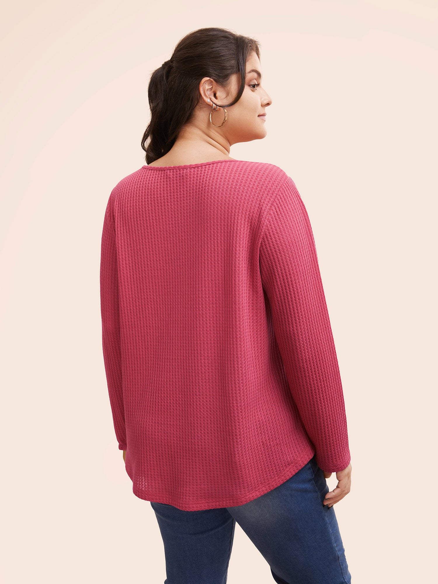 Plain Waffle Knit Scoop Neck Plicated Detail T-shirt