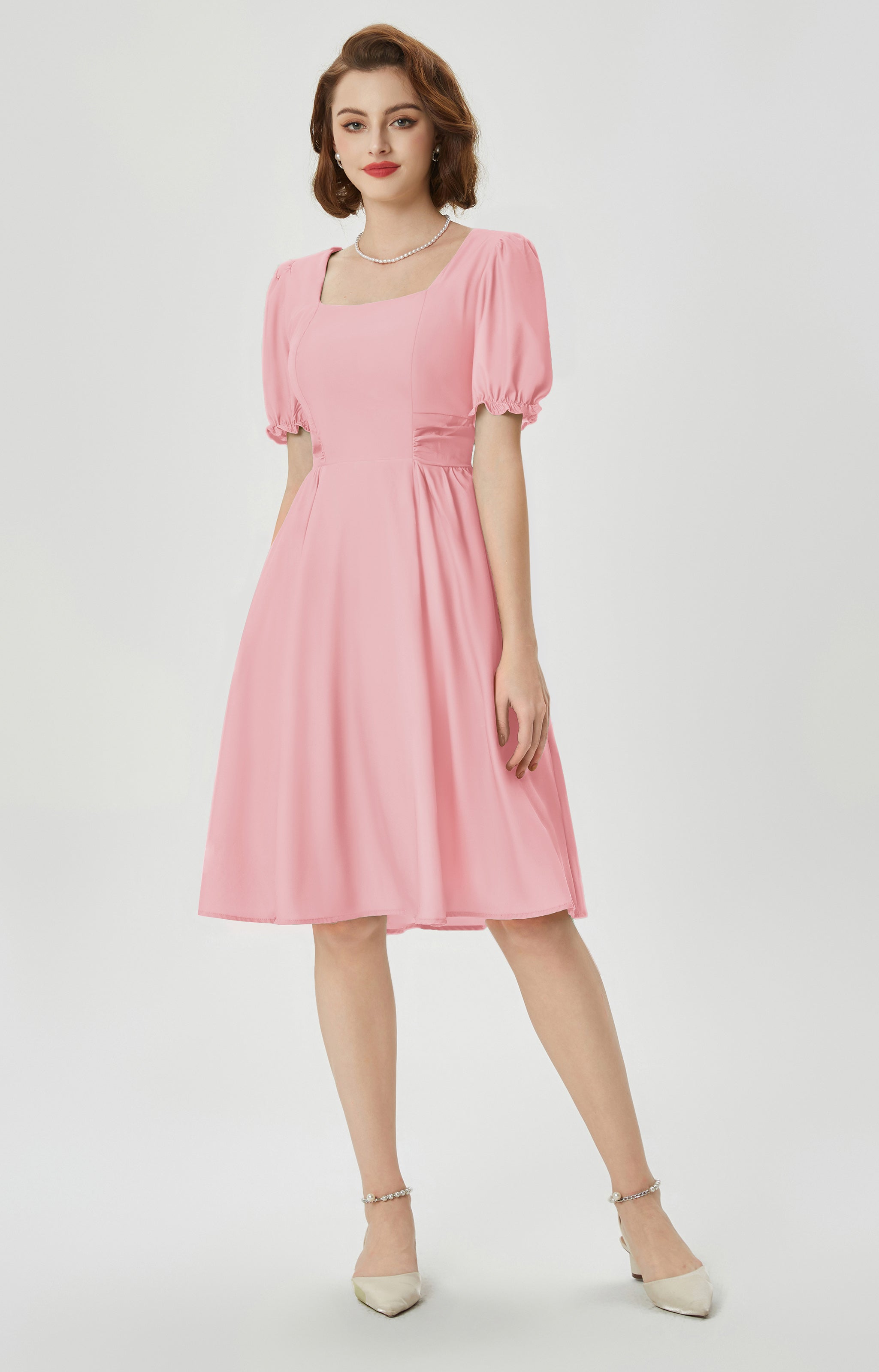 Vintage Cottagecore Cocktail Dresses Square Neck Puff Sleeve Dress with Pockets