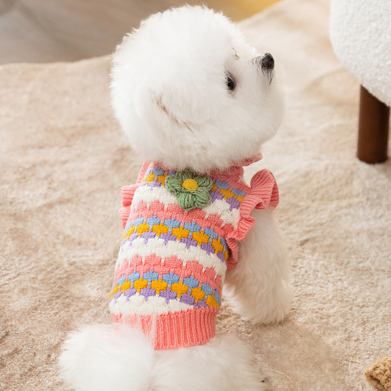 Sweet Knitted Flower Ruffled Sleeves Dog Cat Sweater