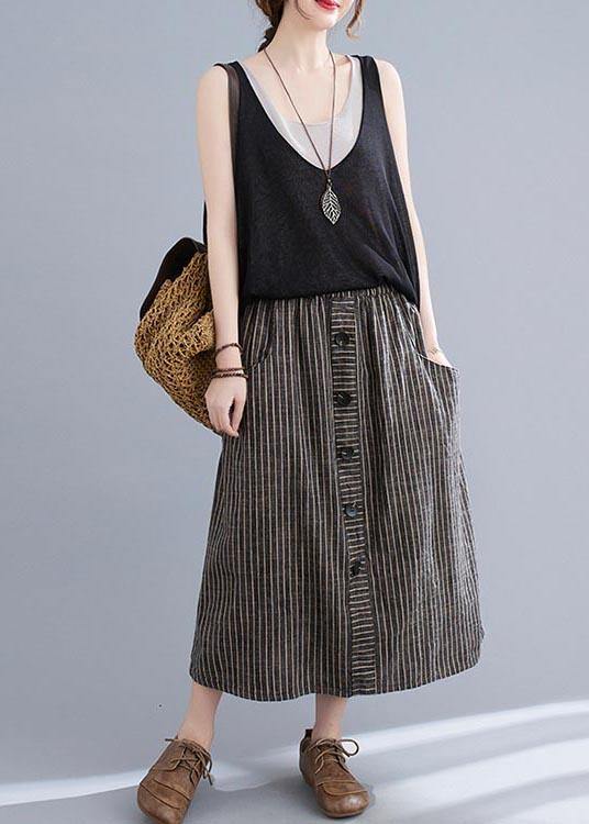 Style Brown StripedButton CottonLinen Skirts Summer