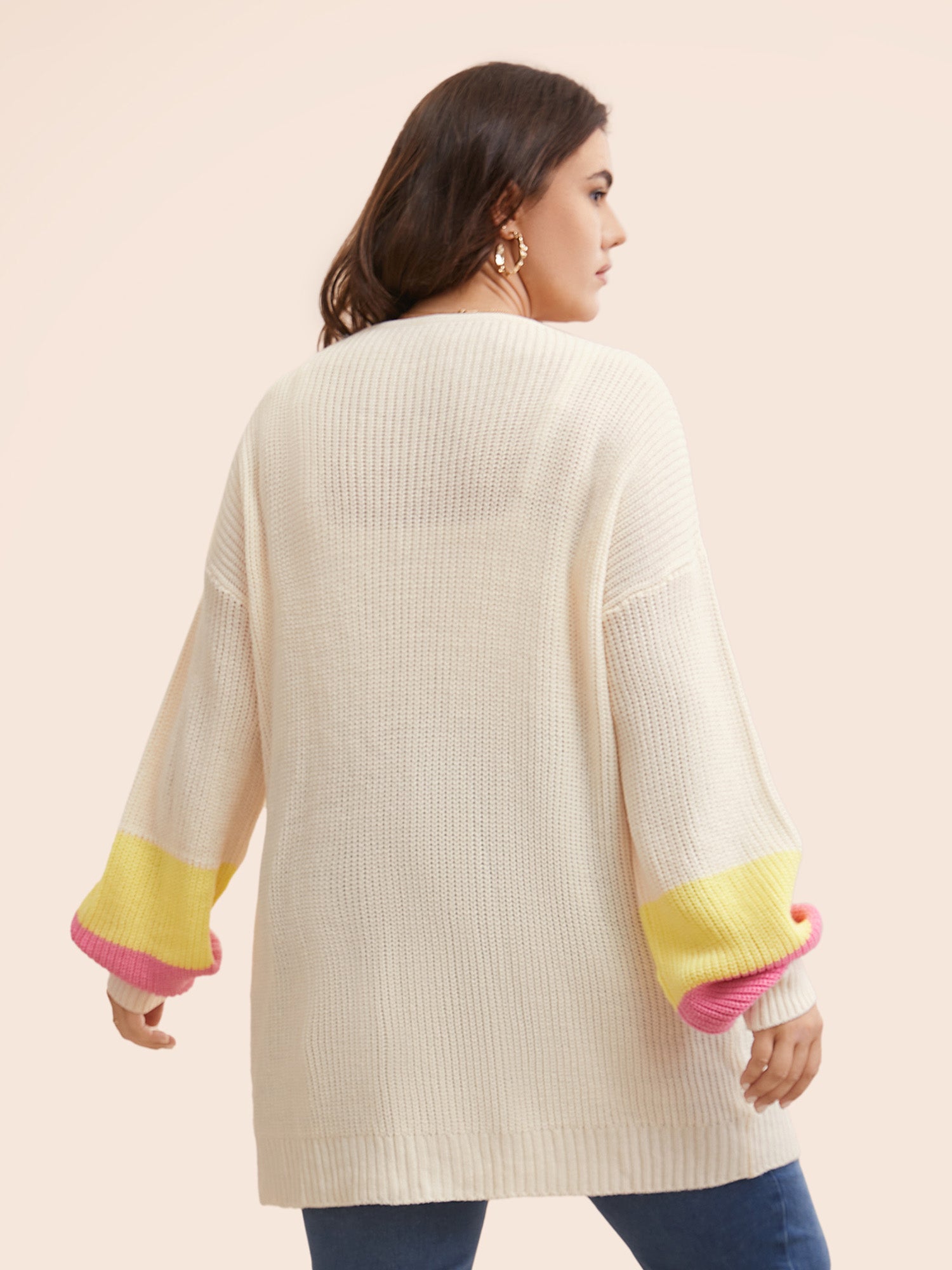 Colorblock Contrast Lantern Sleeve Pocket Cardigan