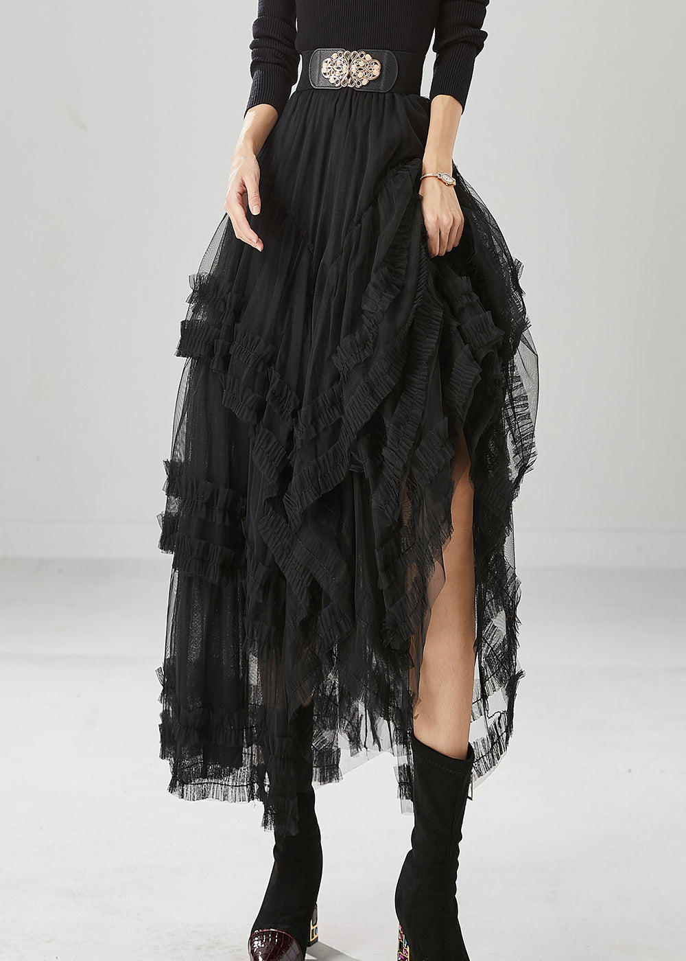 Black Elastic Waist Ruffled Tulle A Line Skirt Fall