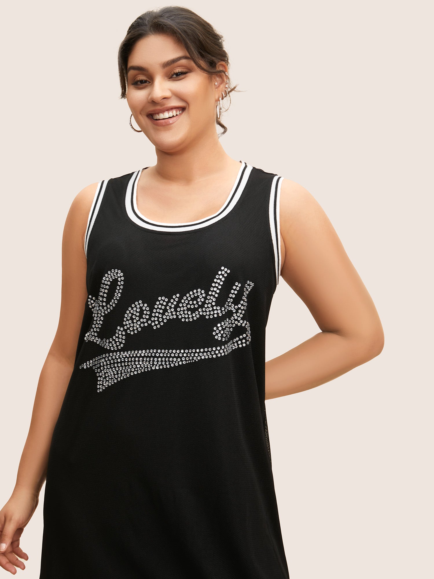 Letter Rhinestone Mesh Patchwork Sleeveless Dress