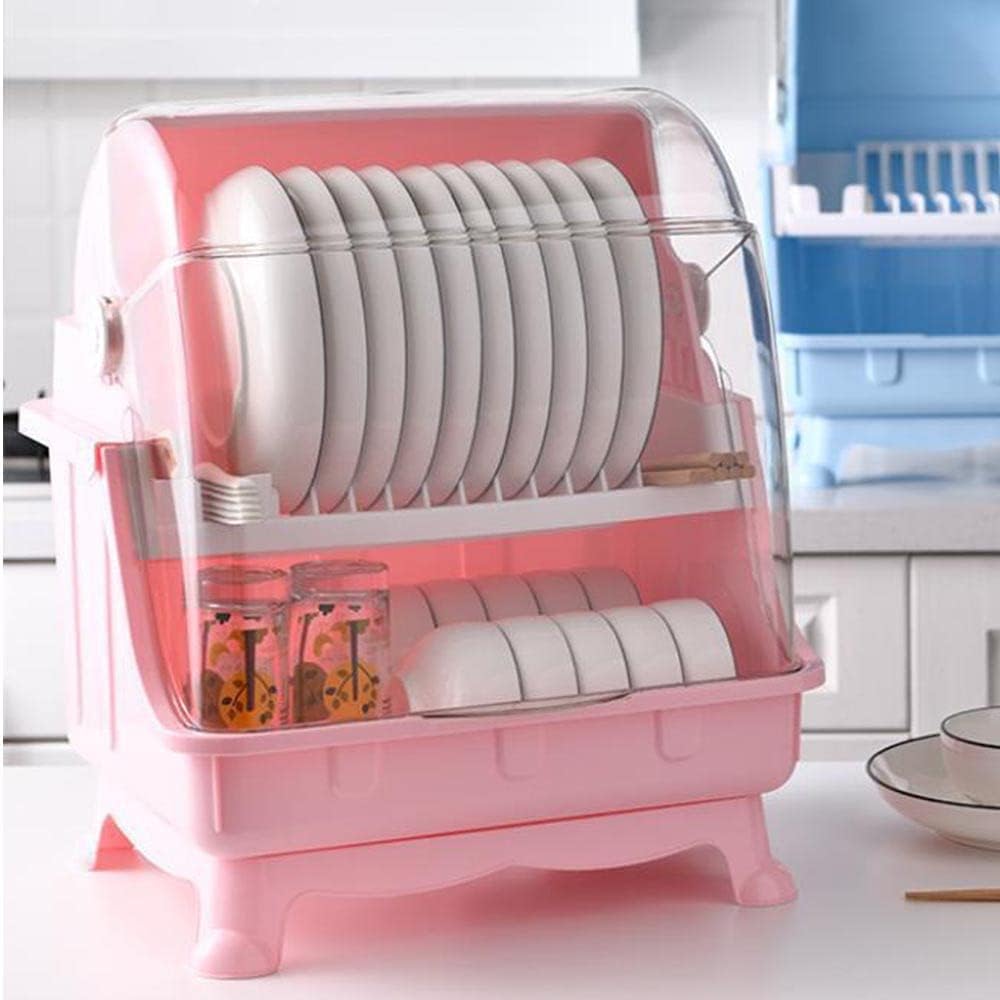 Dish Drying Rack with Lid. 2 Tier Dish Rack with Utensil Holder. Cup Holder and Dish Drainer for Kitchen Counter. Plastic Dish Drainer Shelf with Swivel Spout Dish Rack