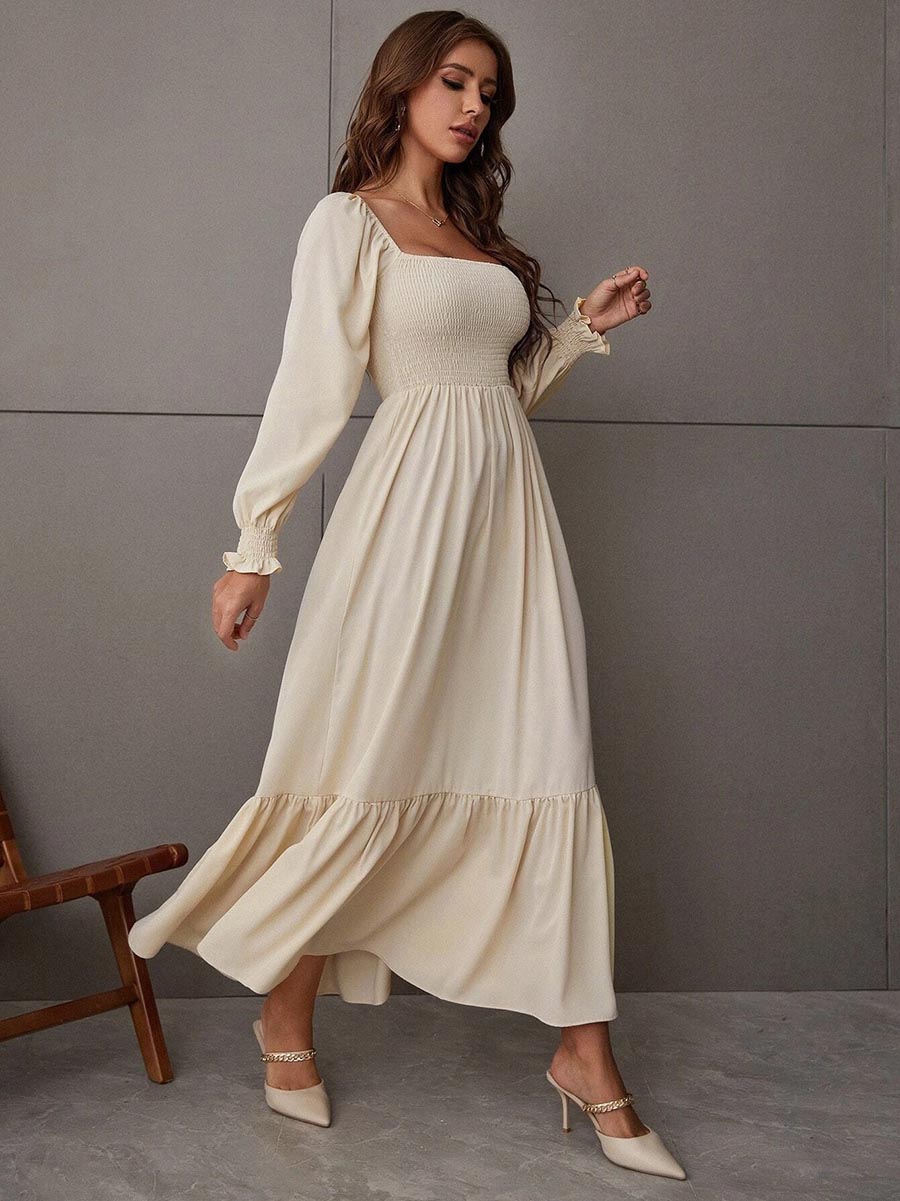 Square Neck Long Sleeve Ruffle High Waist Dress (5 colors)