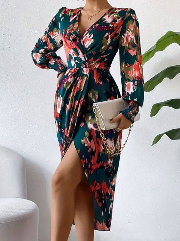 Long Sleeves Loose Elasticity Floral Printed V-Neck Midi Dresses Shirt Dress