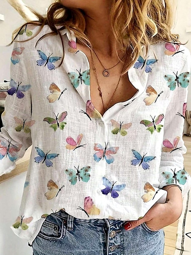 Women's Shirt Blouse Butterfly Print Daily Elegant Stylish Long Sleeve Shirt Collar White Spring Fall
