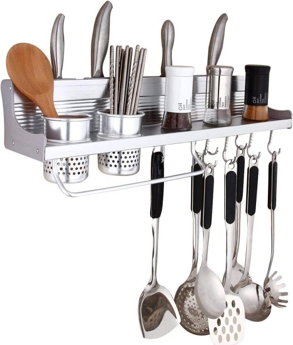 Wall Mounted Aluminium Kitchen Utensils Holder Organizer - Multipurpose Kitchen Organizer Rack Include Spice Rack. Spoon Ladle