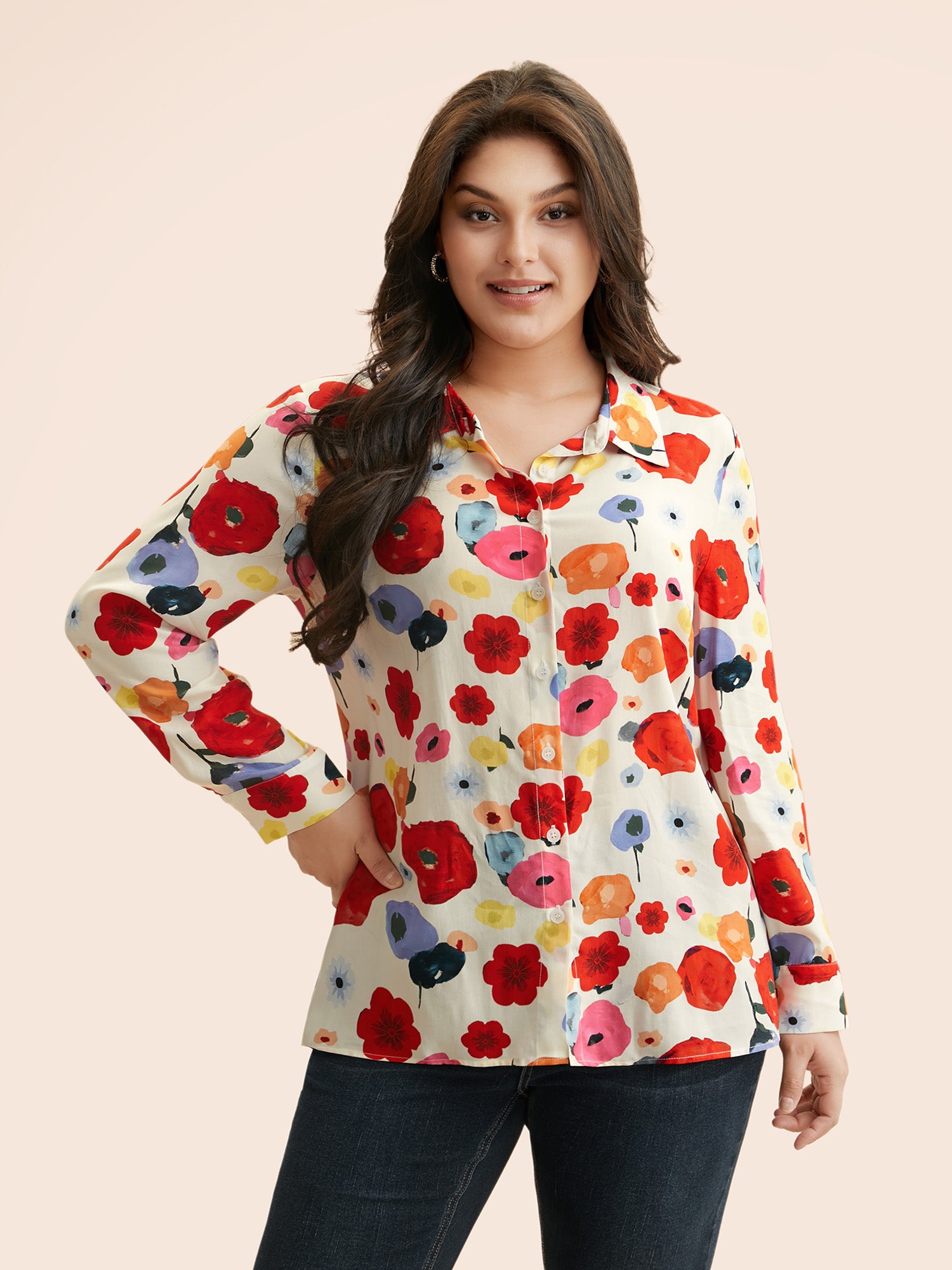 Contrast Floral Shirt Collar Blouse