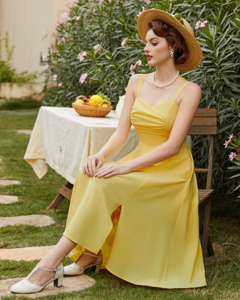 Vintage Cherry Patterns Cocktail Dress Sleeveless Spaghetti Strap Ruched Slit A Line Swing Dress with Pockets