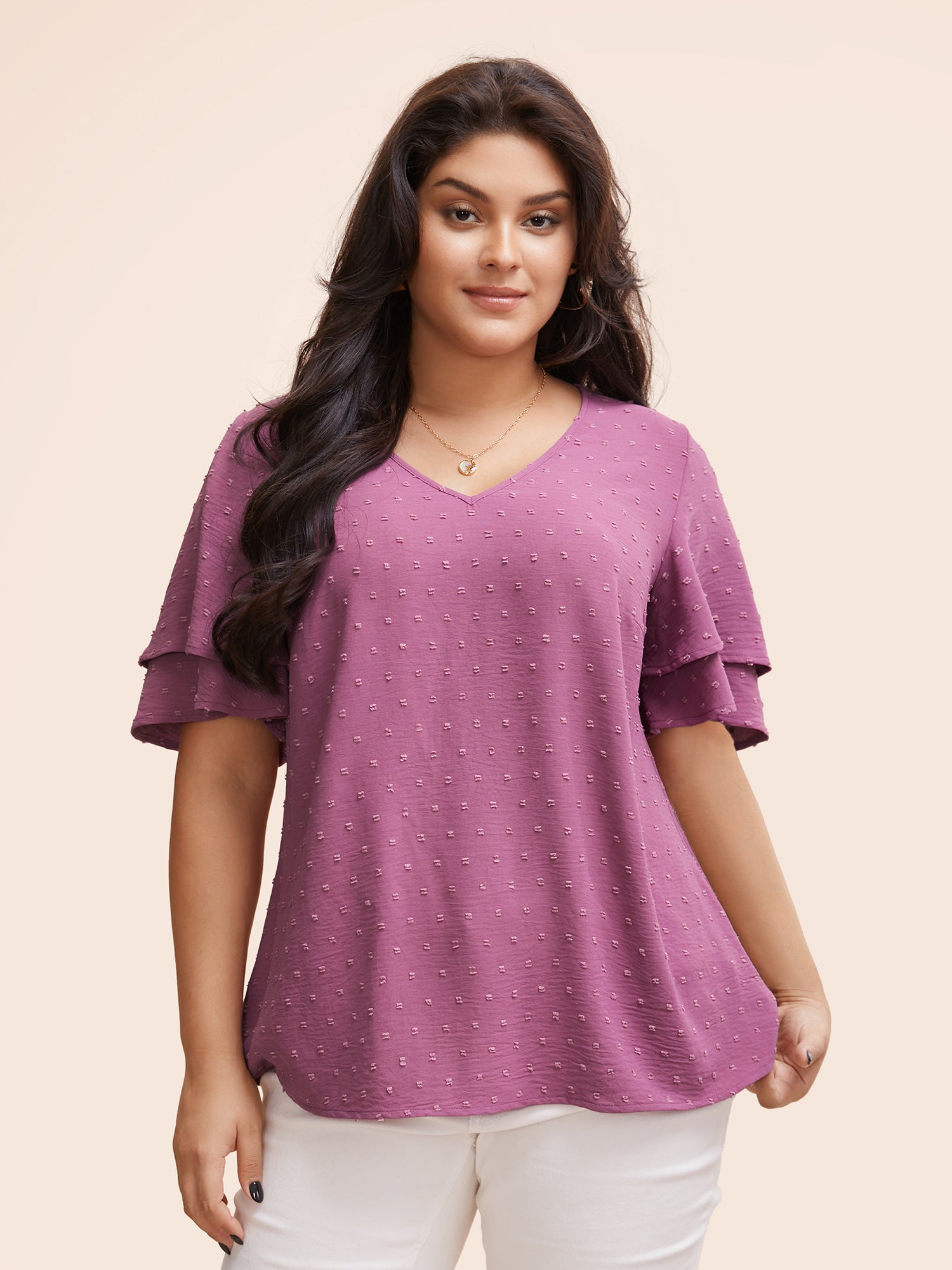 Plain Ruffle Tiered Sleeve V Neck Polka Dot Blouse