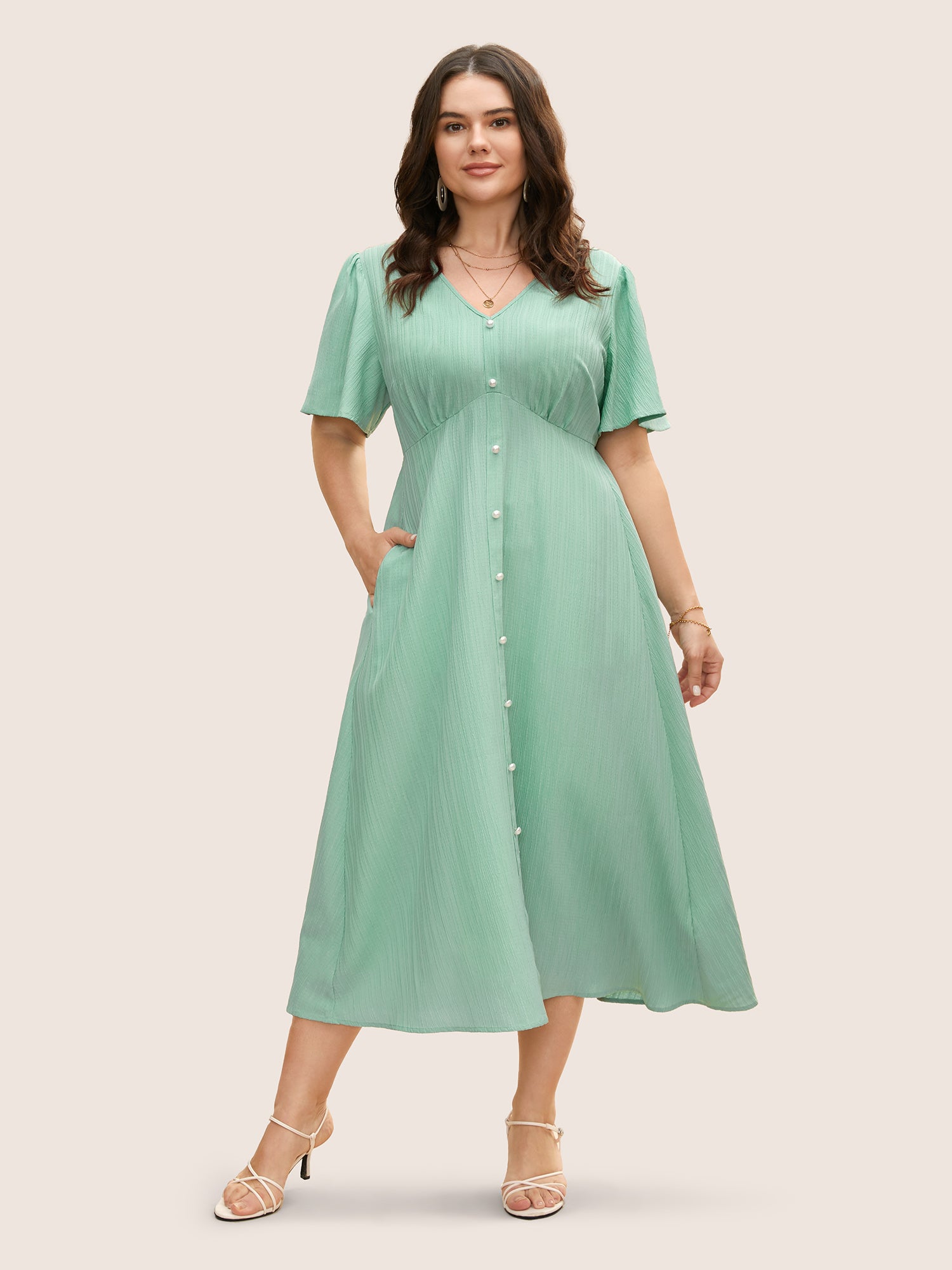 V Neck Button Detail Flutter Sleeve Dress