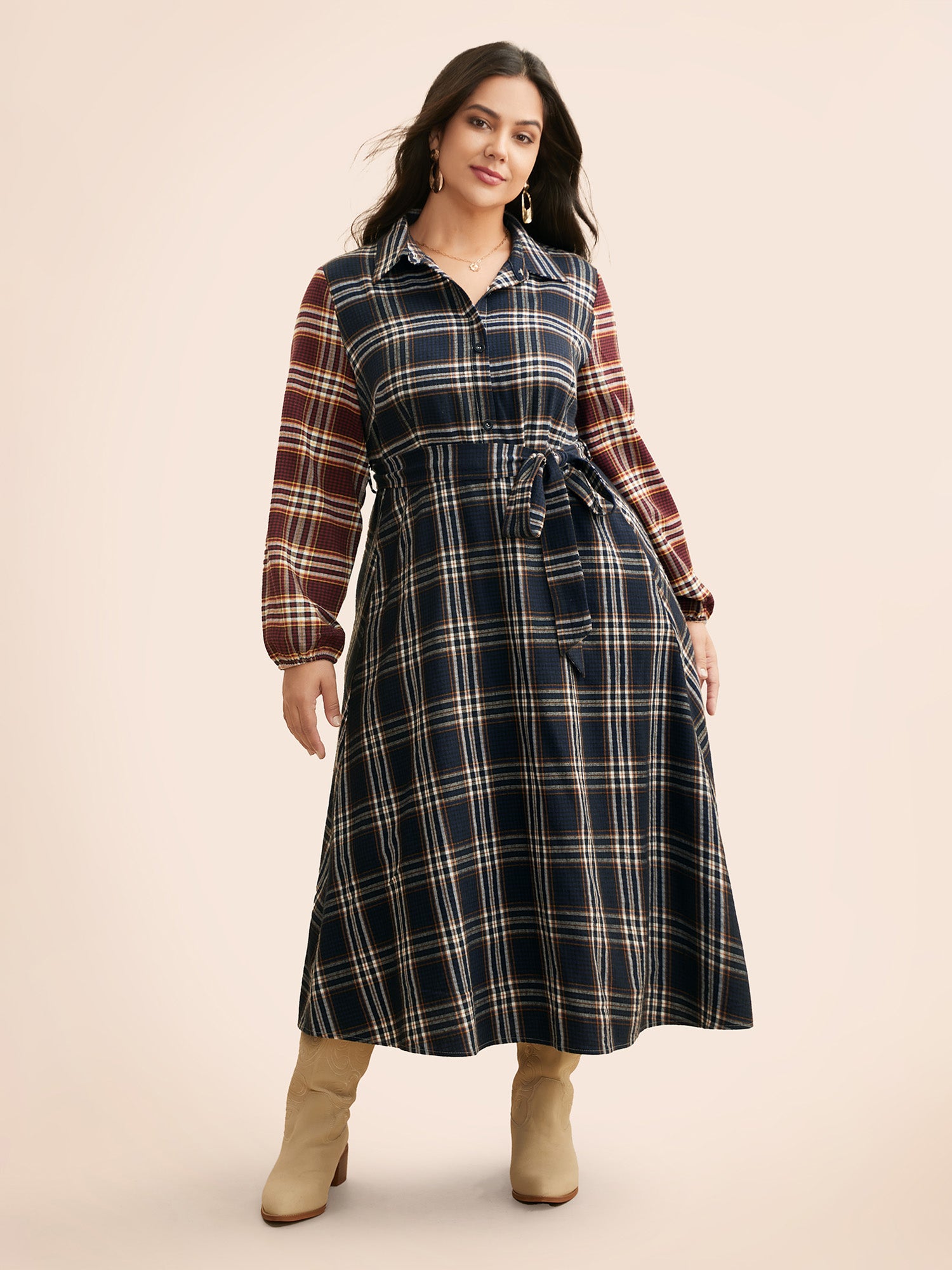 Shirt Collar Plaid Contrast Belted Dress