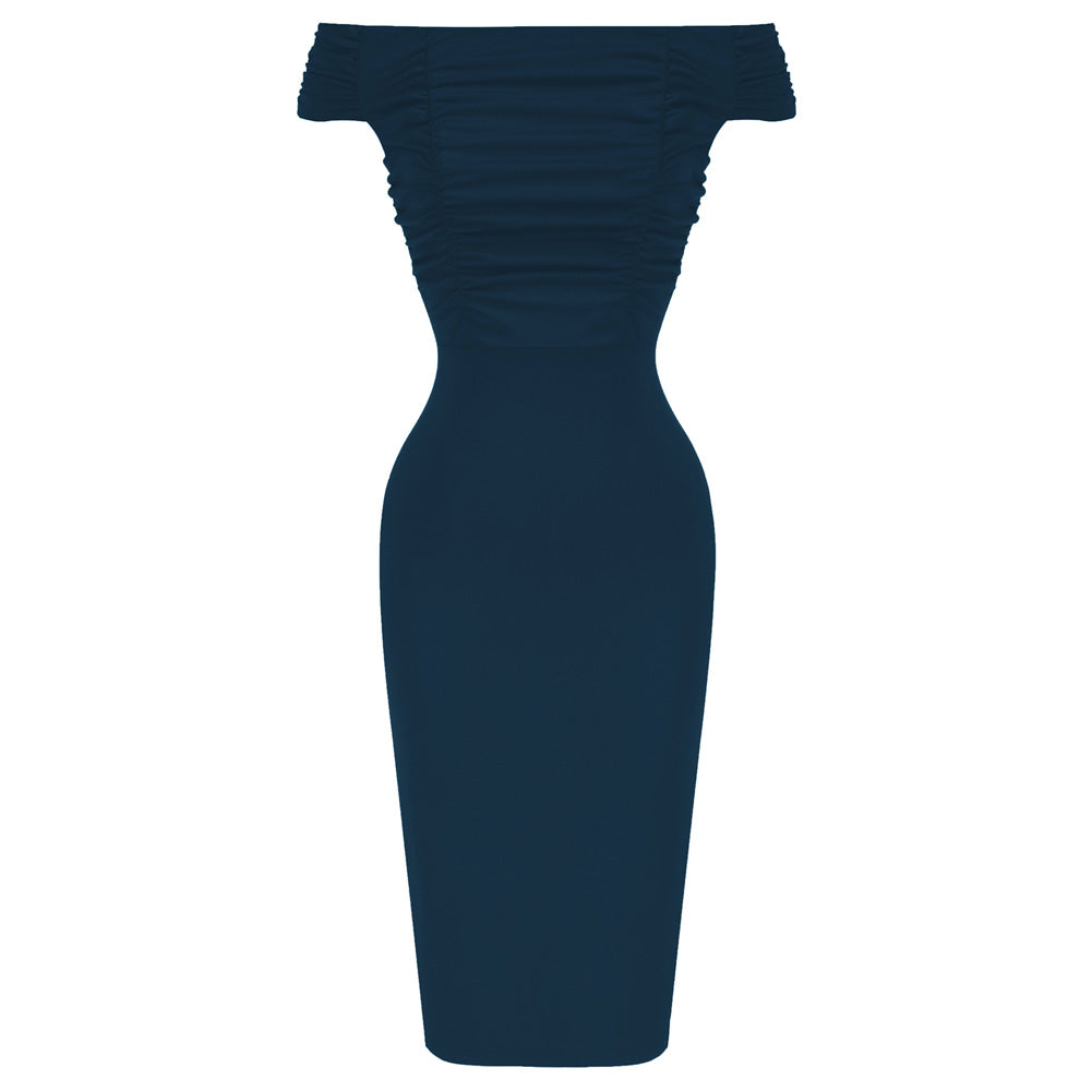 Ruched Bodycon Dress Off Shoulder Straight Neck Pencil Dress