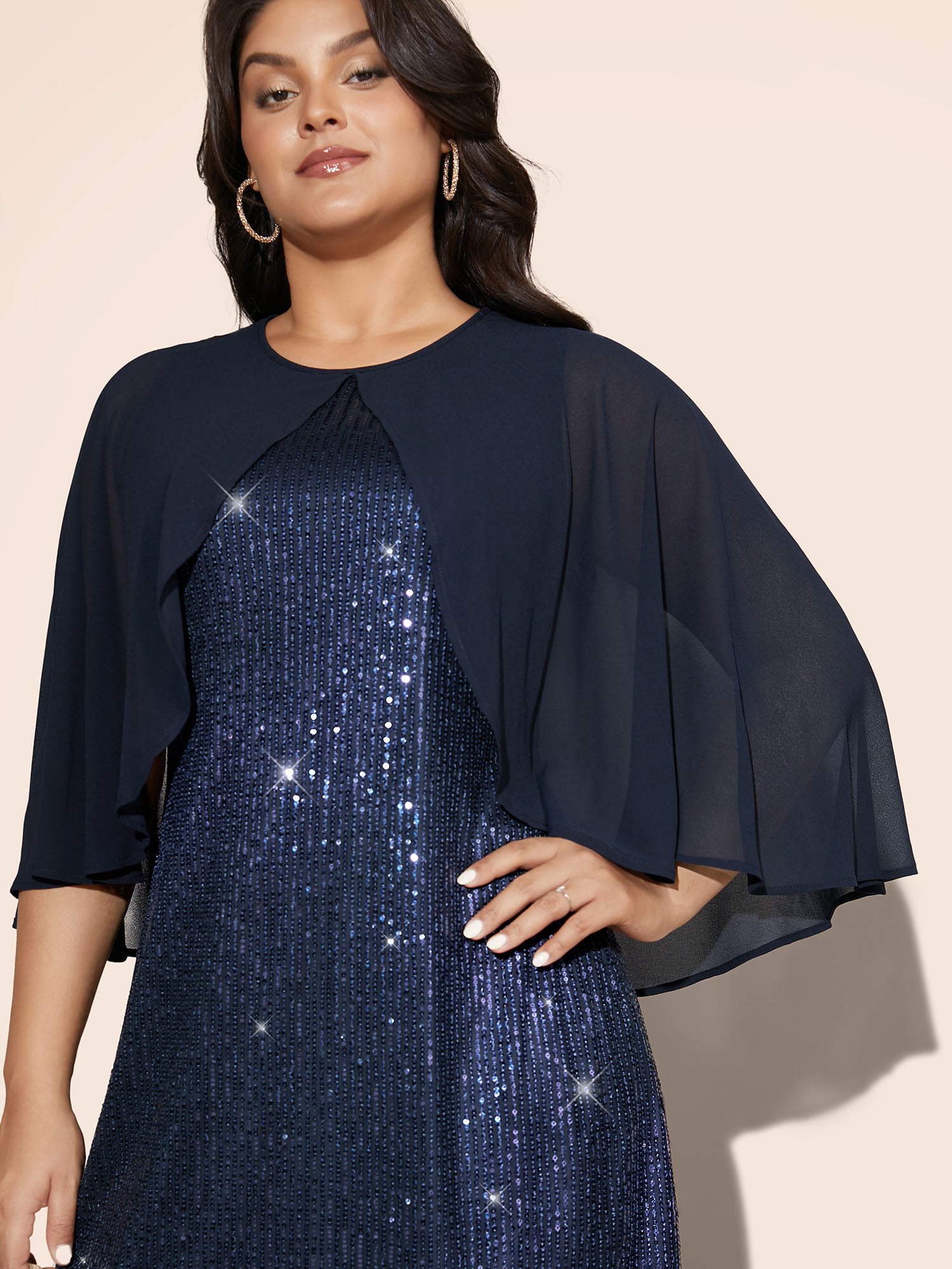 Sequin With Mesh Cape Dress