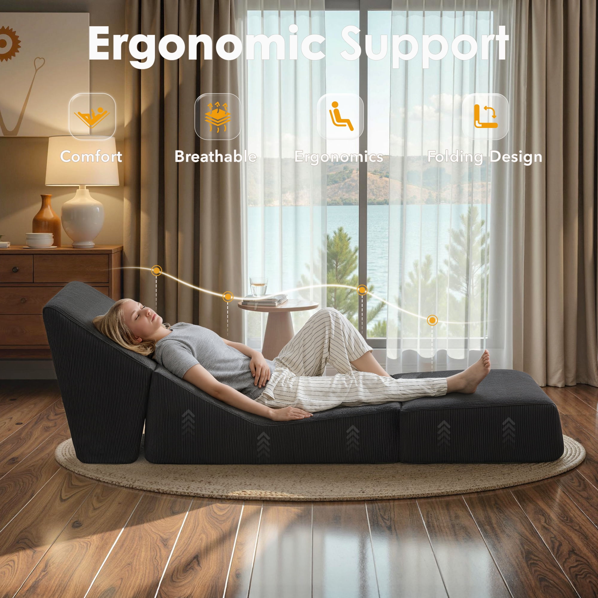 Folding Sofa Bed, 3 in 1 Convertible Sleeper Chair, Floor Couch with Back Support, Single Chair Bed for Living Room