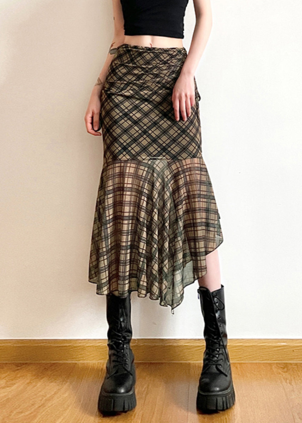 Stylish Asymmetrical Plaid Patchwork Chiffon Skirts Summer
