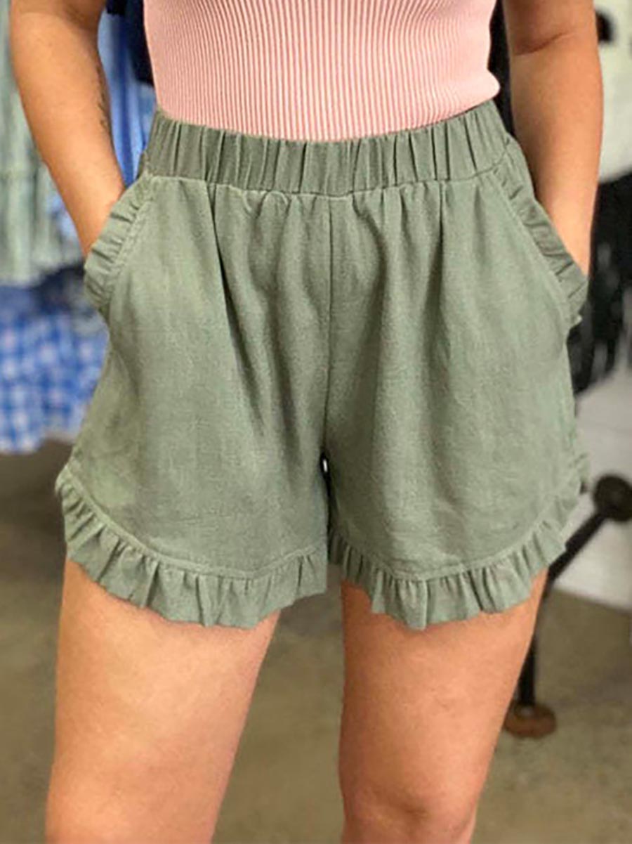 Elastic Waist Wide Leg Ruffle Cotton Linen Shorts