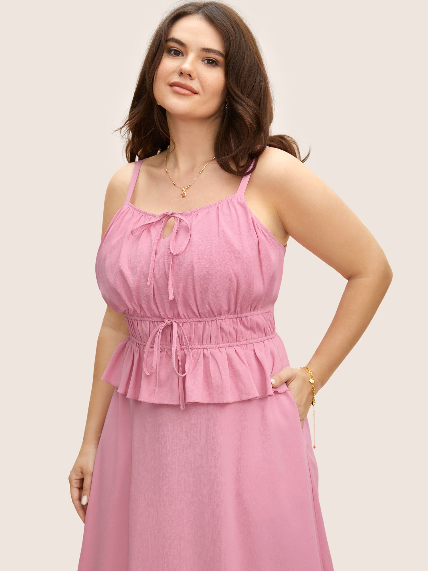 Plain Textured Tie Knot Ruffles Cami Dress