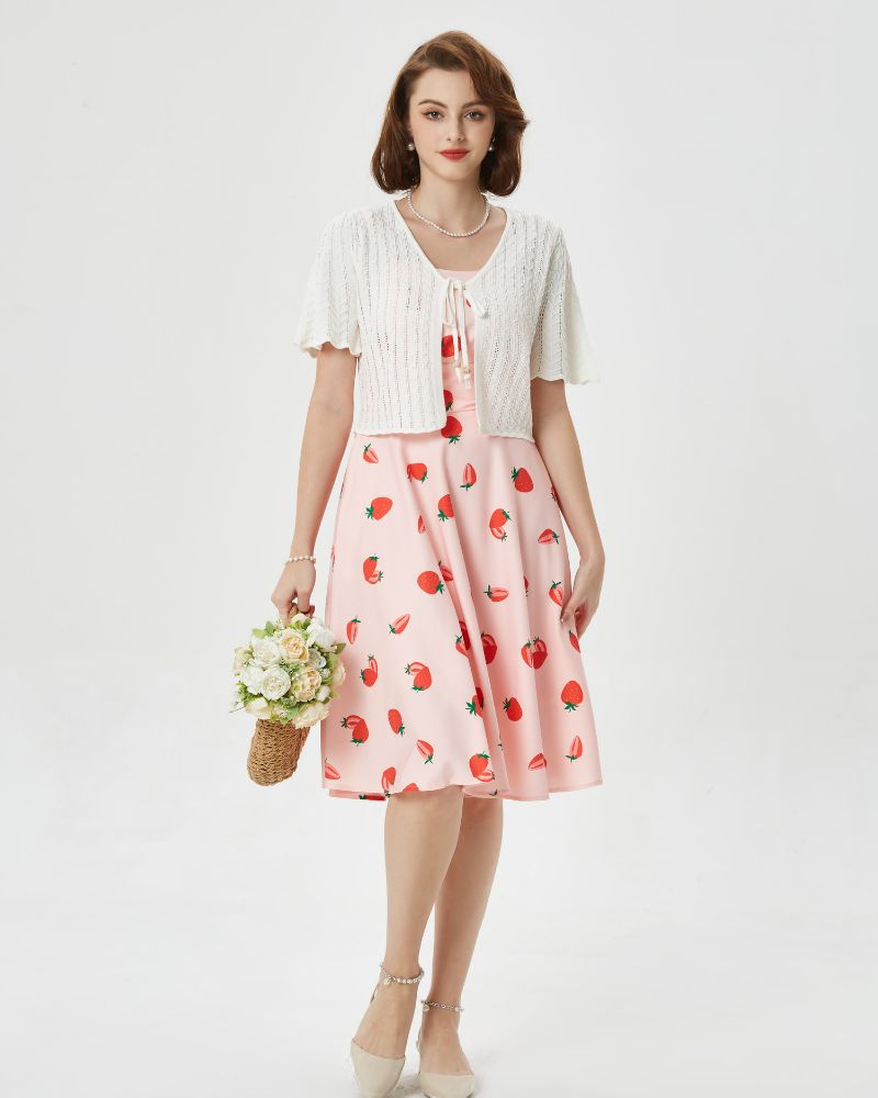 Vintage Cherry Patterns Cocktail Dress Sleeveless Spaghetti Strap Ruched Slit A Line Swing Dress with Pockets