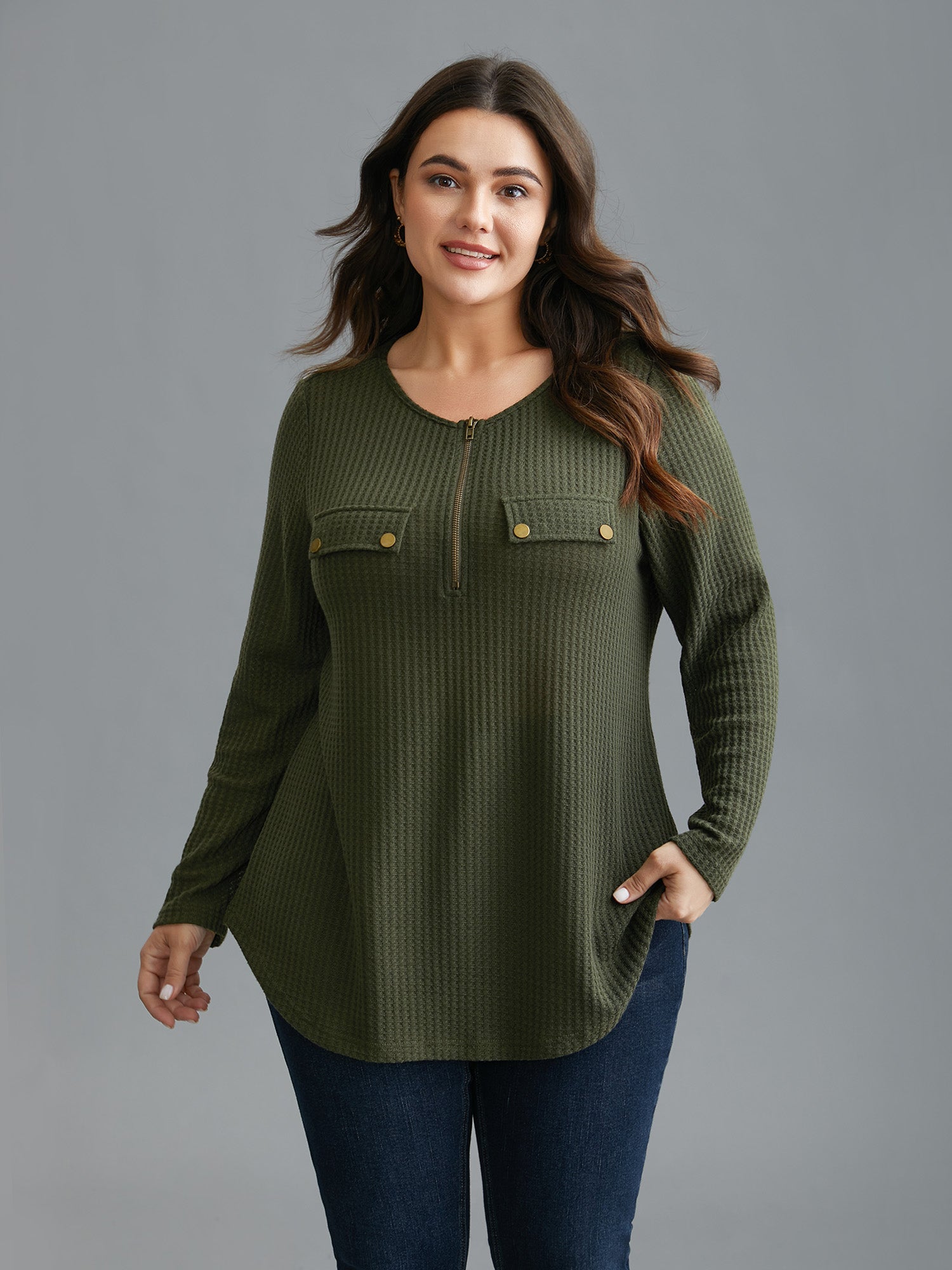 Half Zipper Flap Detail Pockets Knit Top